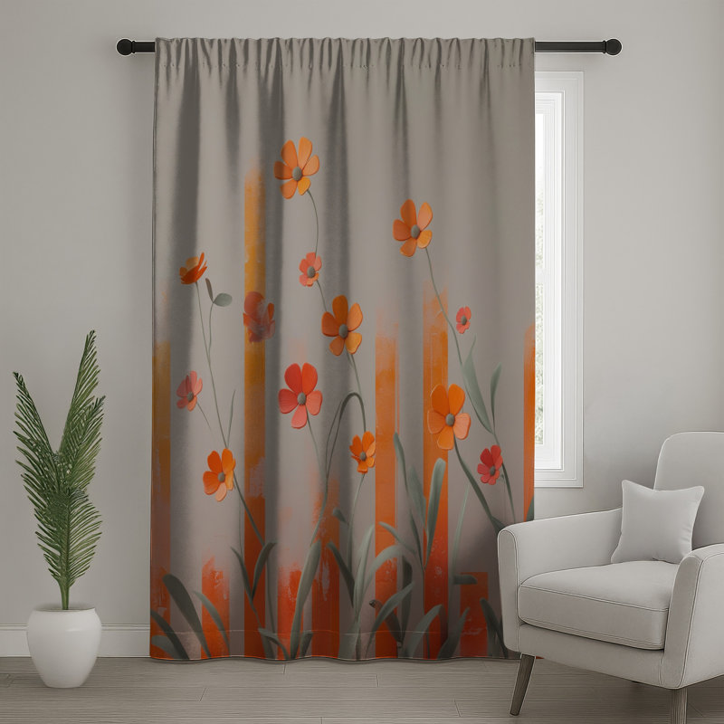 Rideaux de fenêtre orange à motif de fleurs sauvages sur fond beige, rideaux transparents et occultant - 1 panneau, Blocage