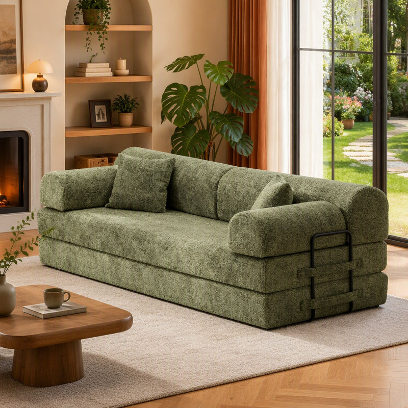 Canapé-lit convertible en tissu bicolore mélangé, matelas pliant et structure fixe, vert mousse