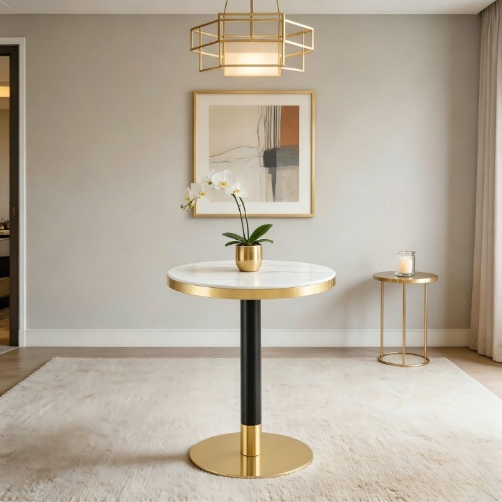 Panneau de fibres à densité moyenne rond de 23,6 po recouvert d'un comptoir de peinture UV, texture marbre, bordure en acier inoxydable, pieds de table en métal, table basse moderne et luxueuse.