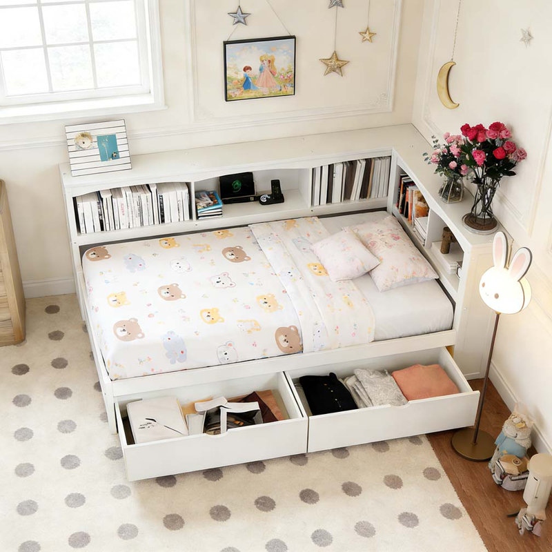 Lit de jour simple avec deux tiroirs de rangement, armoires de rangement et ports USB