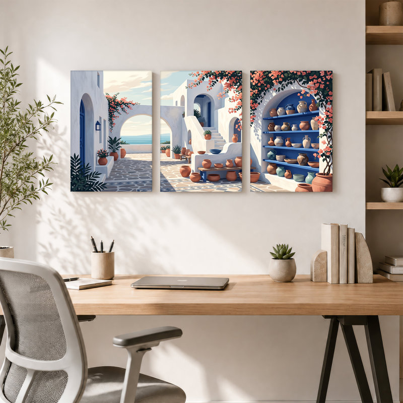 "White Archway Courtyard" avec pots en terre cuite et ensemble de 3 toiles de bougainvilliers, 36"H x 24"W x 3pcs