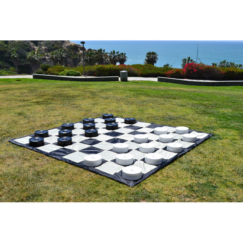 10" Black and White Plastic Checkers Set with Quick Fold Nylon Mat