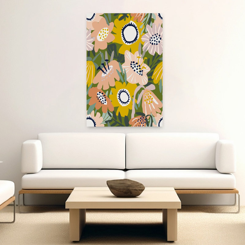 «Happy Cozy», motif floral vert scandinave sans soudure, audacieux, contemporain, renoncule, marguerite, mousse, nature, art mural
