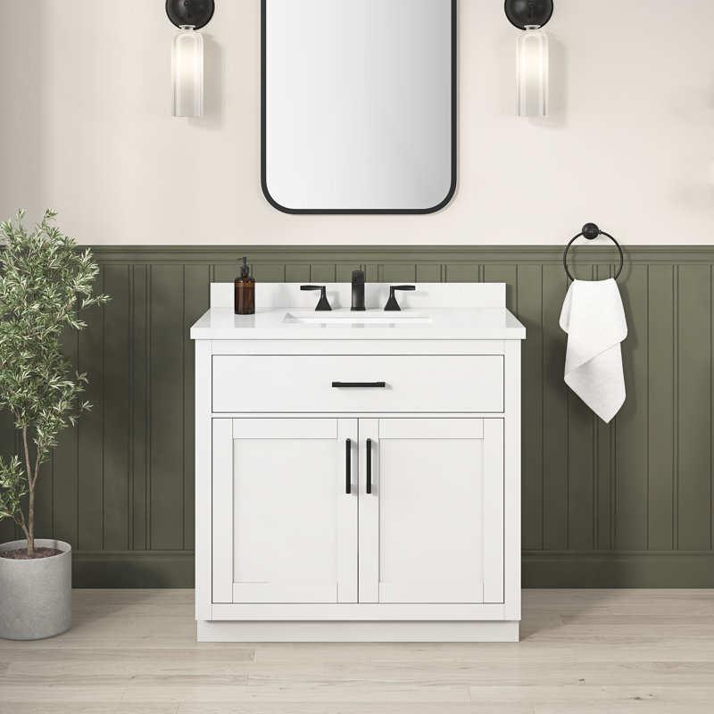 Meuble-lavabo autoportant 36 po avec comptoir en pierre blanche et dosseret Bailey, Blanc pur, Noir