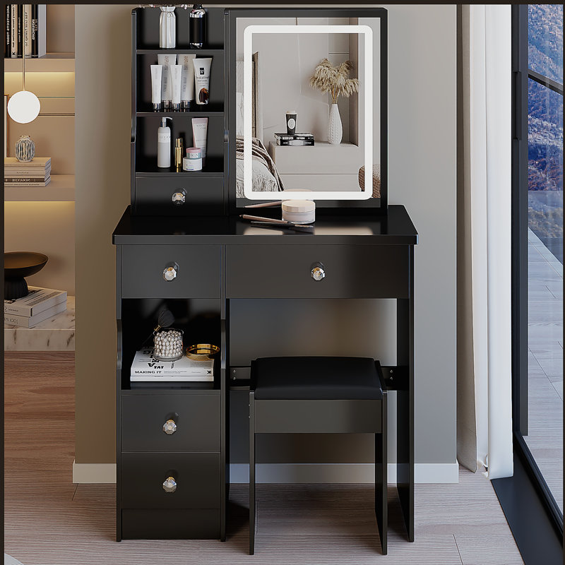 Petit meuble-lavabo de 29,2 po avec tiroir à gauche + tabouret rembourré, 2 blocs d'alimentation CA + 2 ports USB, support pour sèche-cheveux, très grand miroir à DEL coulissant à contrôle tactile, changement de luminosité tricolore, réglage de la luminosité