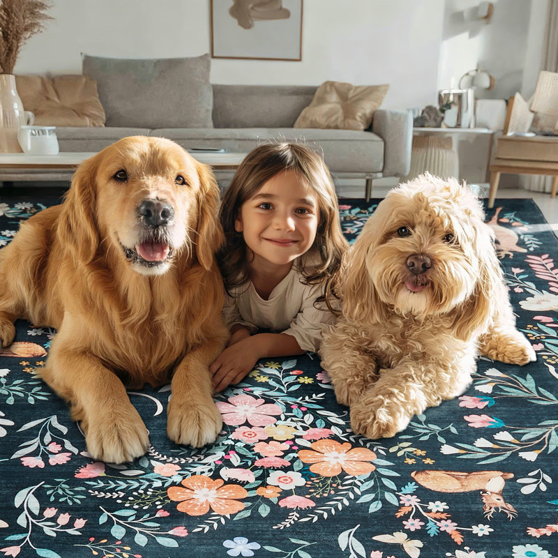 Washable Area Rug, Non-Slip Low Pile Stain Resistance Rug with Peacock and Deer, Animal Carpet for Living Room, Bedroom, Dining Room