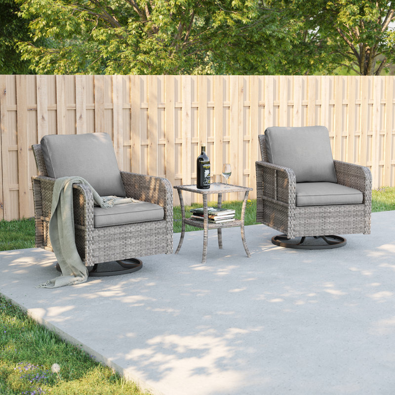 Ensemble de conversation de patio 3 pièces avec coussin et chaises berçantes pivotantes, Gris