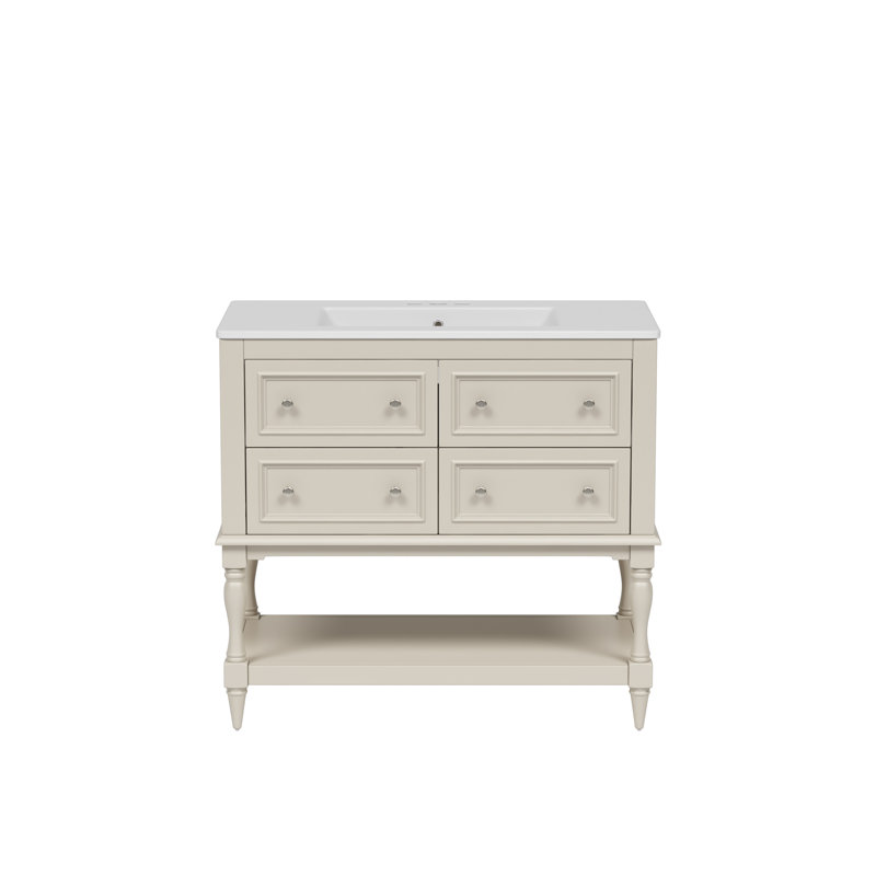 Ensemble de meuble-lavabo avec lavabo, lavabo en céramique encastré, ensemble de meuble-lavabo autoportant avec 4 tiroirs, armoire de salle de bain avec cadre en bois massif