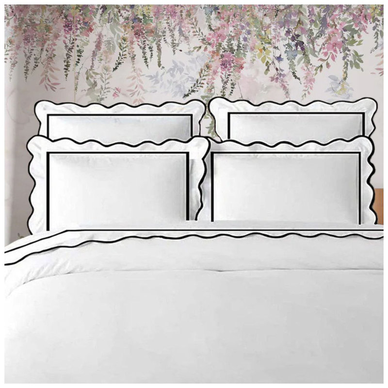 400TC Cotton Scallop Embroidery & Border Sateen Solid Duvet Cover Set, Full/Queen Duvet Cover, White/Black
