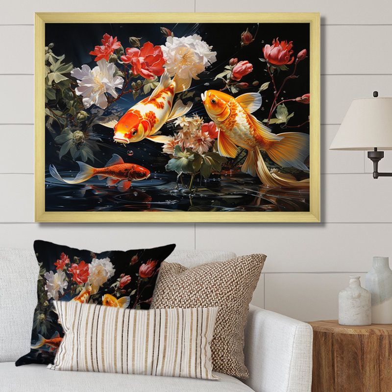 Japon jaune et rouge doré Koi I sur toile, H 30 po x l 40 po x P 1,5 po, Cadre simple blanc