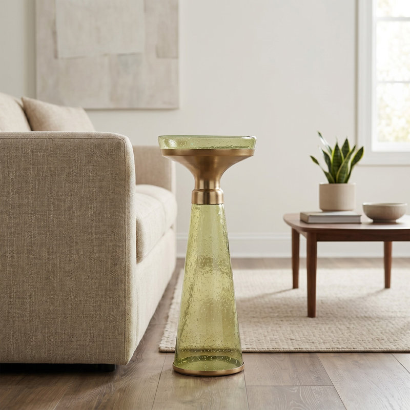 Modern Decorative Round Drink Table with Glass Base and Top with Gold Metal accent, Green