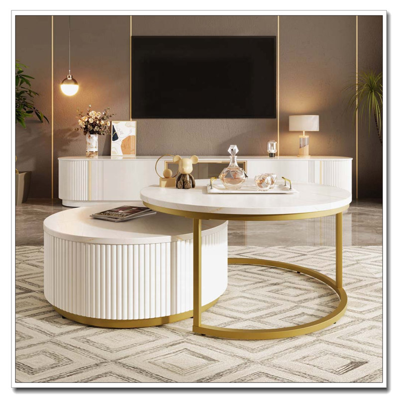 Table basse ronde gigogne cannelée avec tiroir, Blanc