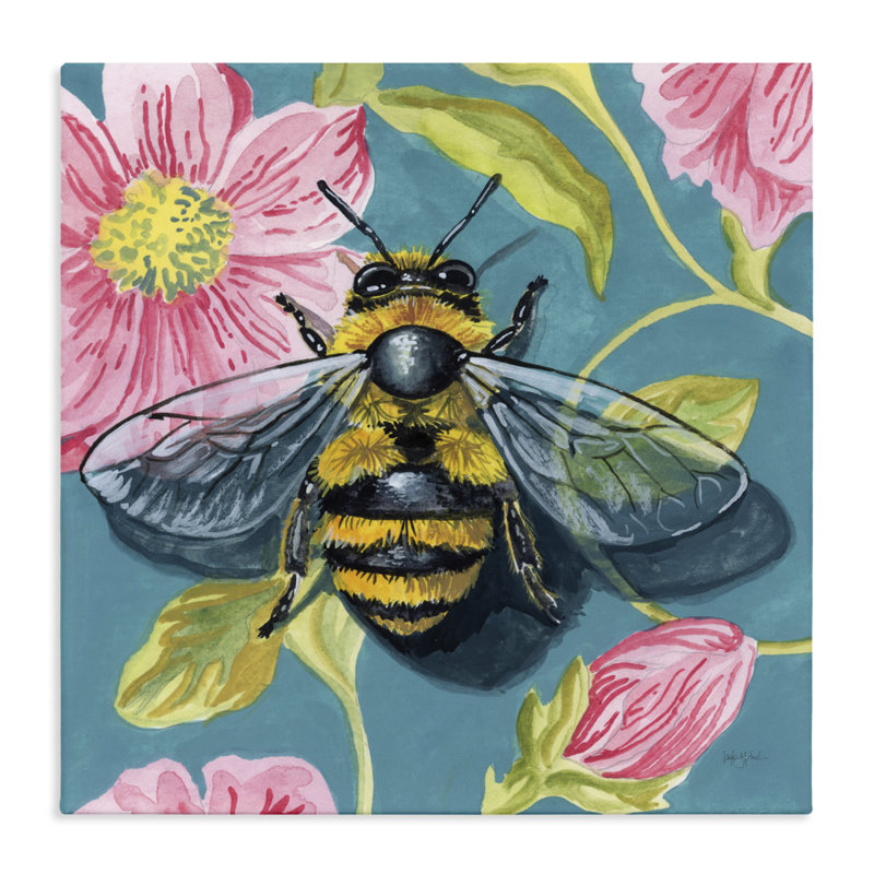 Abeille floue sur toile à motif floral, design par Kate Jarvik Birch, H 36 po x l 36 po