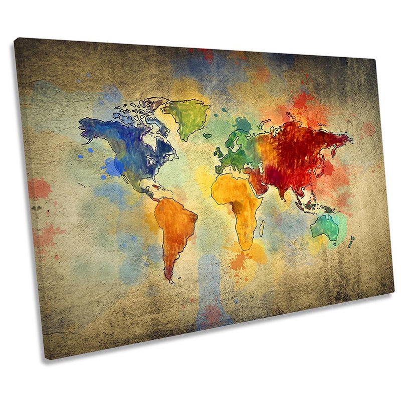 Map World Grunge Multi Colour Framed - Wrapped Canvas Print, 30.5cm H x 45.7cm W x 2cm D
