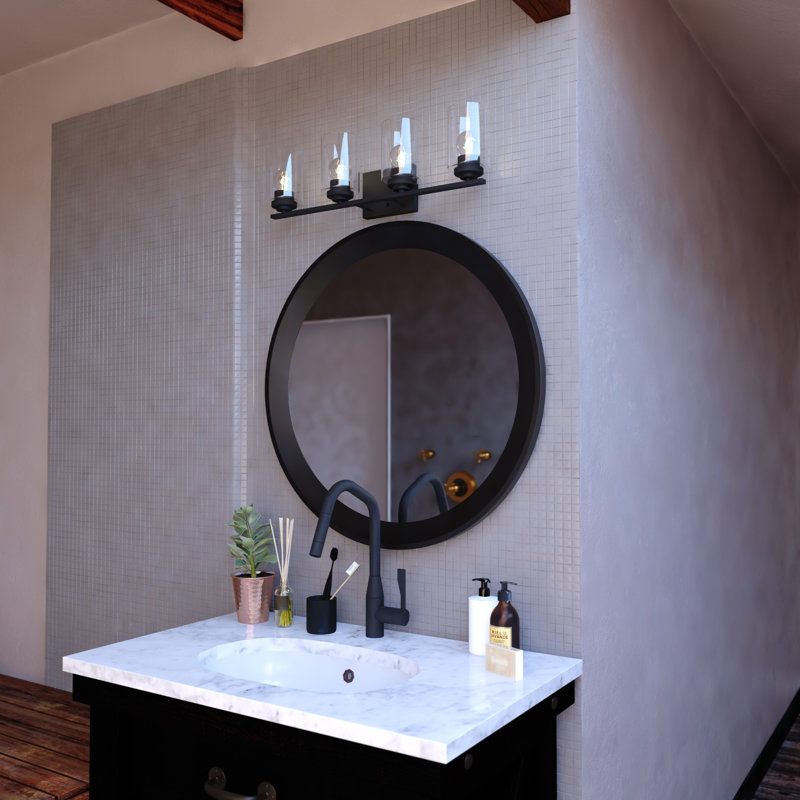 Hitchin Transitional Bathroom Vanity Lighting Fixture, Clear Glass Cylinder Shade, Dimmable, LED Compatible, Reversible Over The Mirror Mounted Steel Wall Sconce
