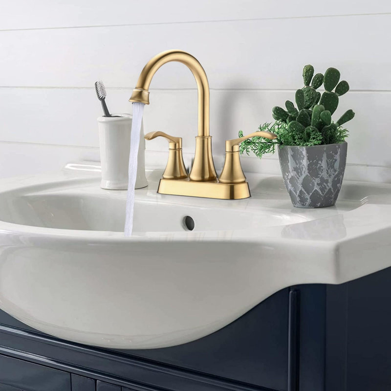 4-inch wide centerset bathroom faucet 360° swivel spout with pop-up drain, Brushed Gold