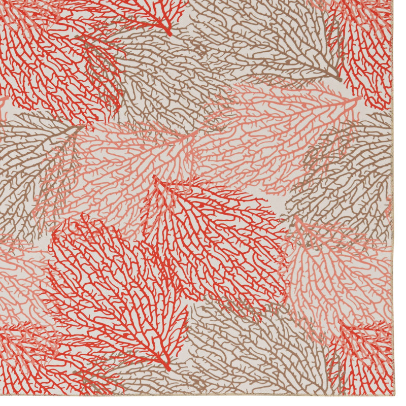 Madelyn Washable Ivory and Coral Machine Woven area rug, Runner 2' x 8'
