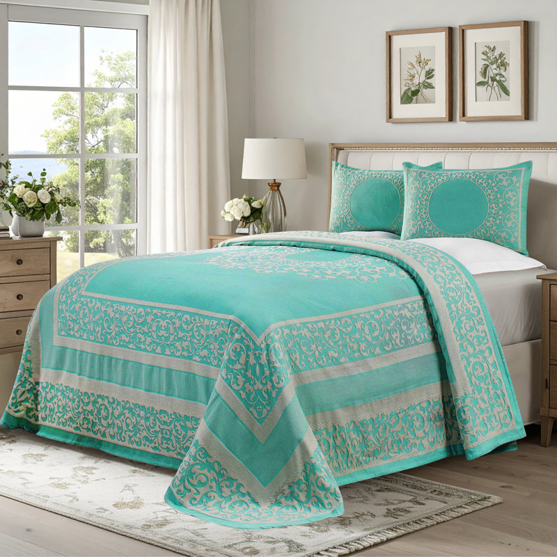 Fifer Lightweight Cotton Blend Oversized Jacquard Farmhouse Mandala Bedspread Set, Full, Turquoise