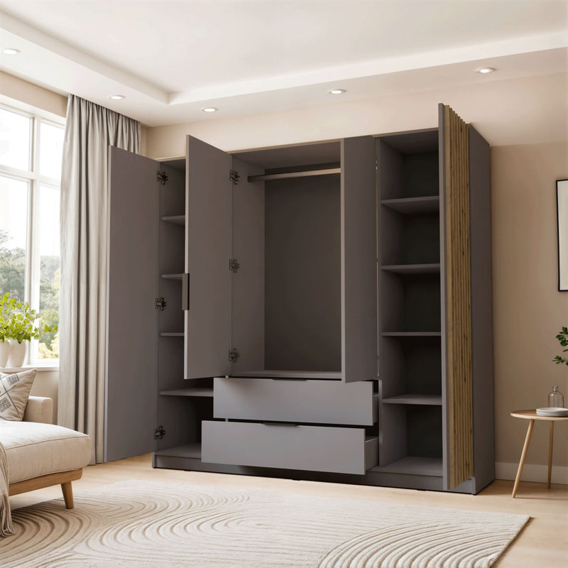 Theroux 4 Door Solid + Manufactured Wood Wardrobe, Grey/Lamela Artisan