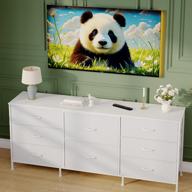 63" TV Stand Dresser with 8 Fabric Drawers, Storage Organizer with Wooden Top & Metal Frame, White
