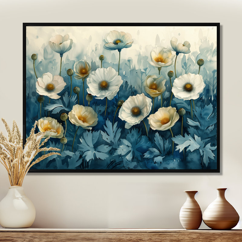 Blanc, bleu, jardin, fête, coquelicots - coquelicots, art mural, Toile avec cadre flottant noir, H 12 po x l 20 po x P 1 po