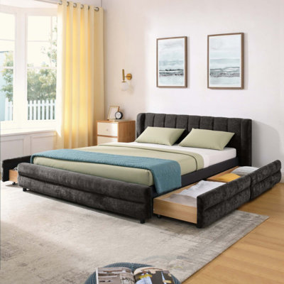Structure de lit en chenille avec rangement, tête de lit confortable et fabrication solide pour les chambres élégantes