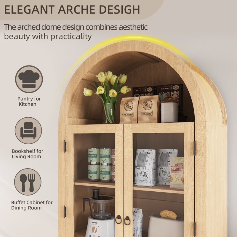 Arched Display Cabinet for Kitchen, 71'' Tall Storage Cabinet Bookcase with Glass Doors & Adjustable Shelves, Beige