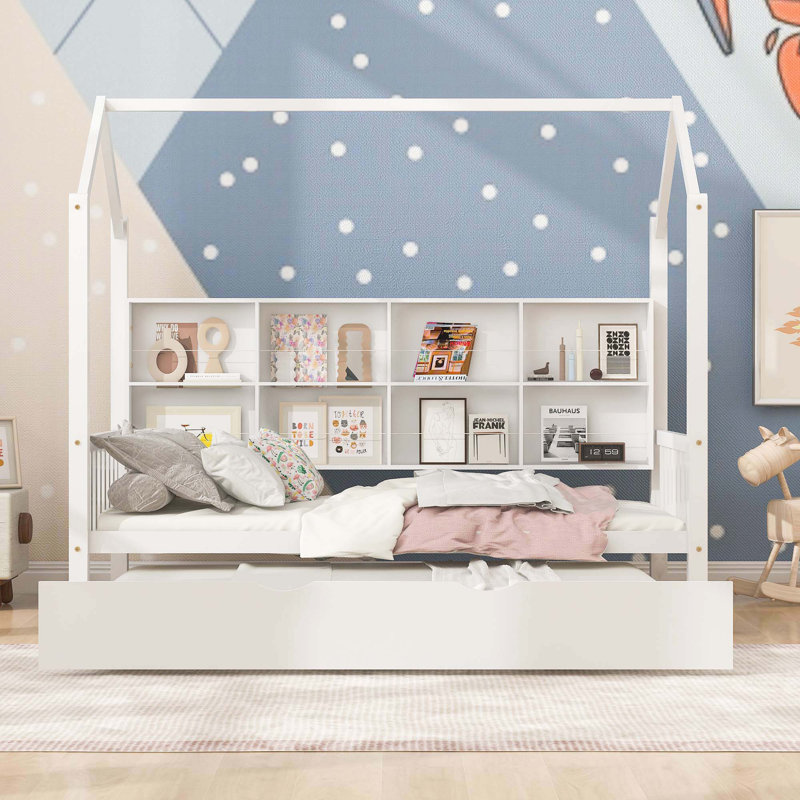 Lit simple en bois blanc avec lit gigogne et lit pour enfant avec tablette