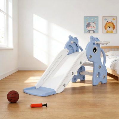 Glissade autoportante, concept d'inspiration girafe, 3 étapes, glissade et cerceau, polypropylène, conception antidérapante, mains courantes latérales, 1 an, bleu / blanc, installation rapide, entretien facile, cerceau