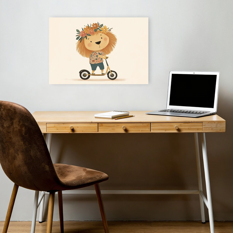 Happy Lion Scooter Ride Flower Tropical Wall Art Print by Mathieu - Wrapped Canvas Print, 30.48cm H x 45.72cm W