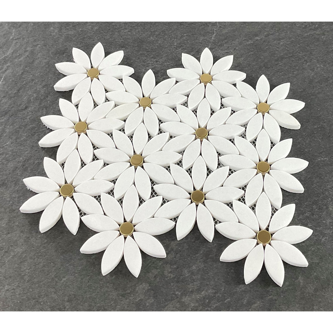 4" x 4" Thassos White Marble & Gold Metal Daisy Pattern Mosaic Wall & Floor Tile (Set of 10) ES Stone