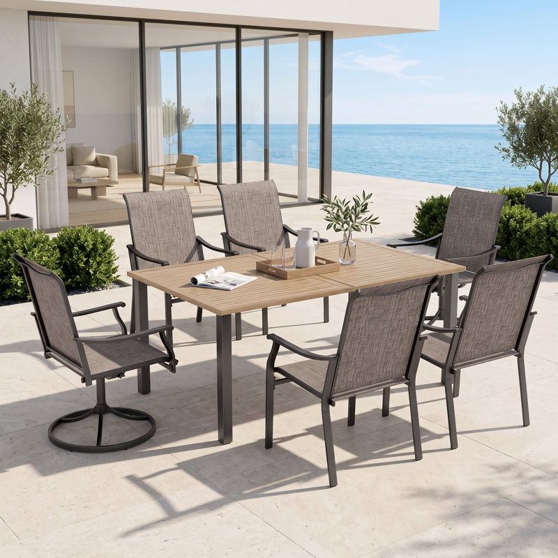 6-Person Rectangle Powder-Coated Outdoor Patio Dining Set Wood-Like Metal Table With Swivel Sling Chairs