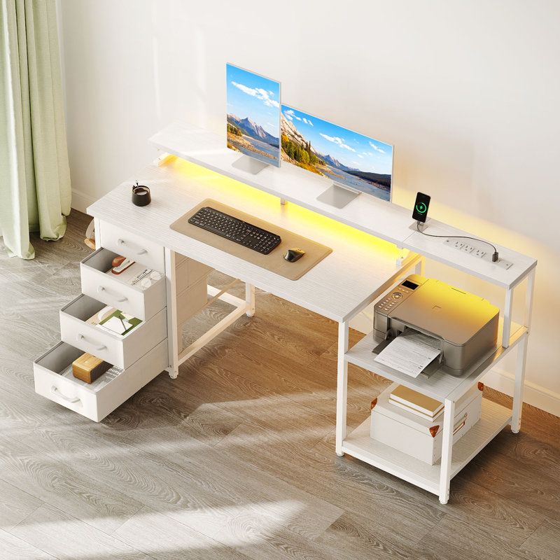 Writing Desk With Led & Power Outlet, Computer Desk With 4-tier Fabric Drawers, Reversible Corner Desks With Large Monitor Stand