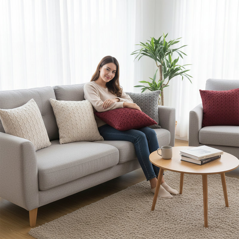 Gray Knitted Throw Pillow Cover AND insert – Cozy Sweater Style 18"x18", Gray