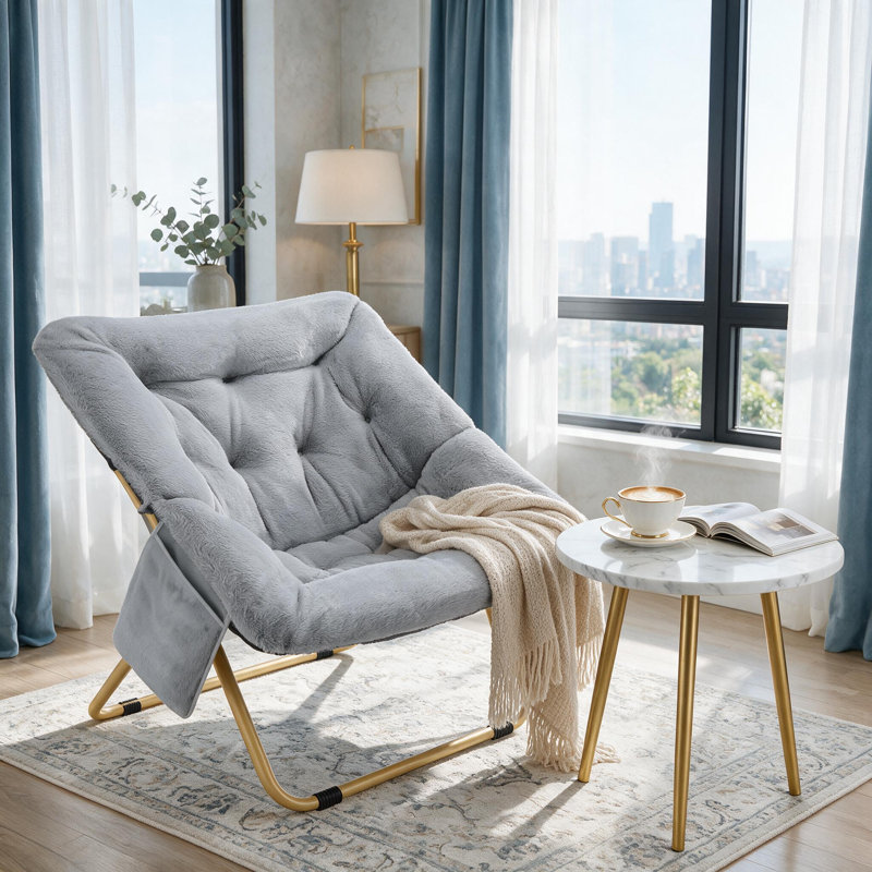 Comfy Saucer Chair, Foldable Lounge Chair, Soft Faux Fur Reading Chair For Teens Adults, Folding Lazy Chair/moon Chair For Living Room, Bedroom, Dorms, X-large Gray