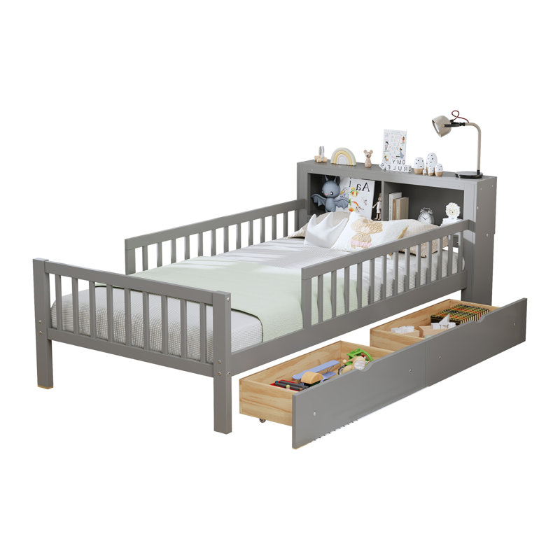 Lit simple avec support de tête de lit, deux tiroirs sous le lit, garde-corps à trois côtés pour plus de sécurité, gris, Gris