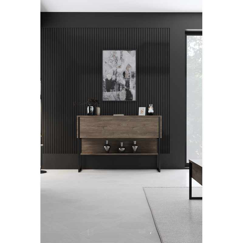 Commode industrielle moderne avec pieds en métal, finition noire et noyer, 47,2 po x 31,5 po x 11,8 po | 100% panneau de particules enduit de mélamine, épaisseur: 0,7 pouce | Solution de rangement élégante pour les chambres à coucher contemporaines et les espaces de vie