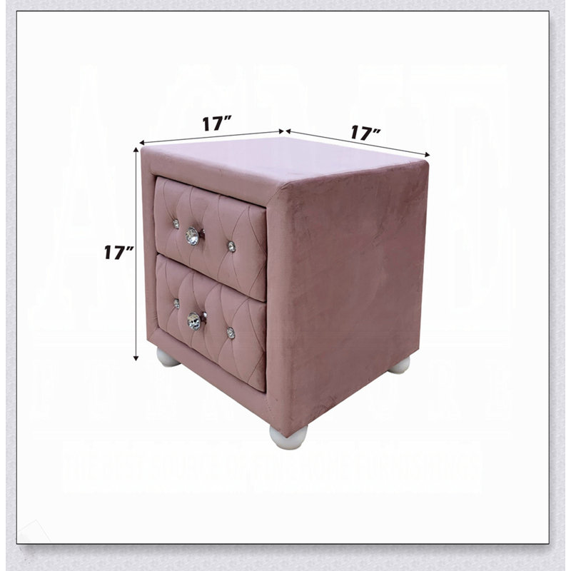 Magnifique table de chevet rembourrée en tissu avec deux tiroirs de rangement, Rose