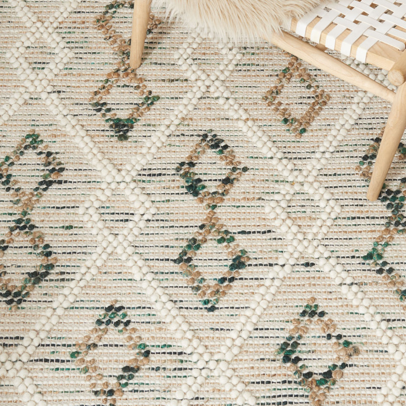 Honeyville Hand Loomed Wool/Jute/Cotton Geometric Rug in Ivory/Emerald, Rectangle 5' x 8'