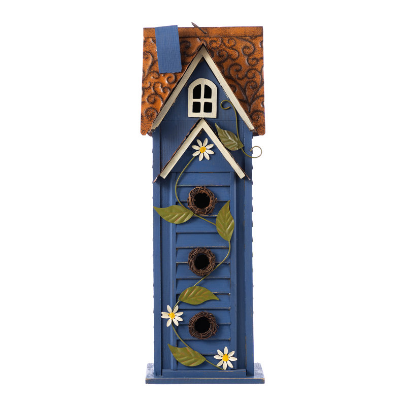 Oversized 3-Tiered Solid Wood Villa Birdhouse, 24.25"H-Blue, Blue