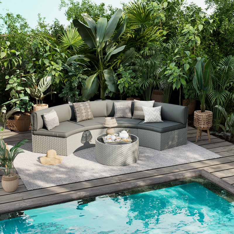 Meredithe Half-Moon 4 - Person Fully Assembled Curved Patio Conversation Set With Coffee Table, Gray