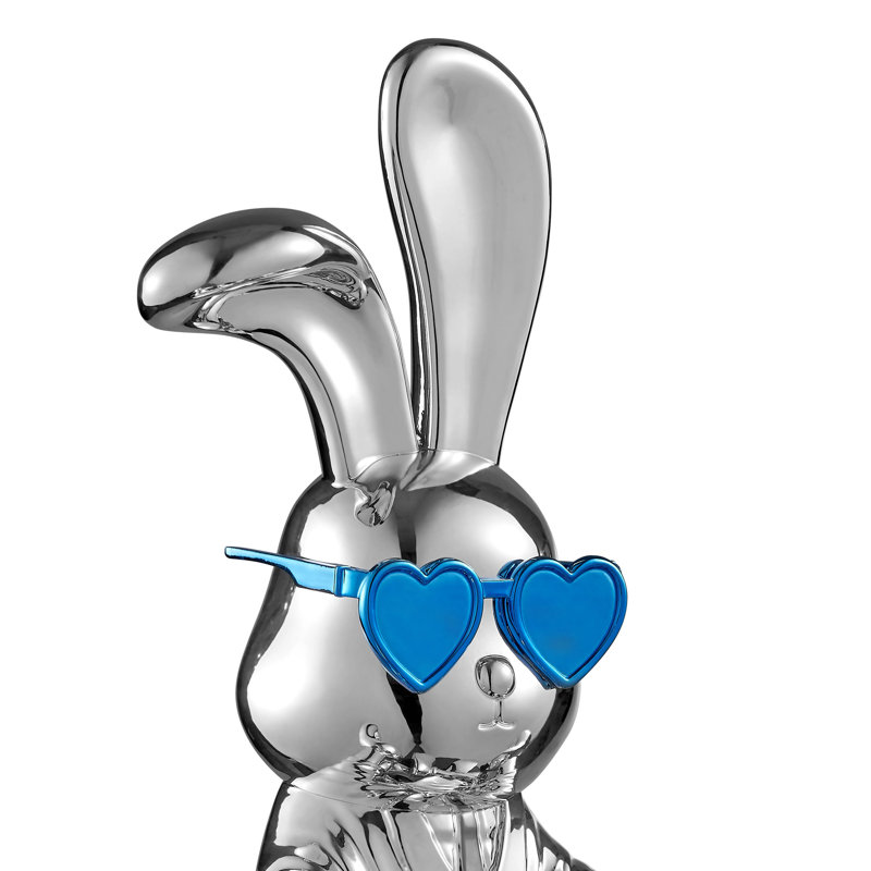 Chrome Resin Sitting Rabbit with Blue Tie and Glasses