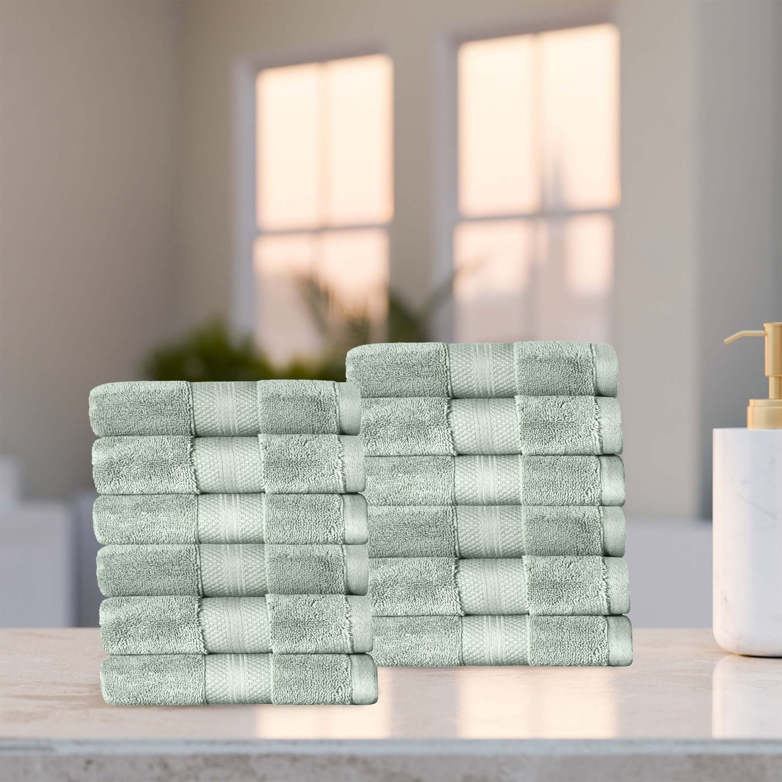 Finnian Turkish Cotton Bath Towel, Olive Green, Washcloths - 12 Pack
