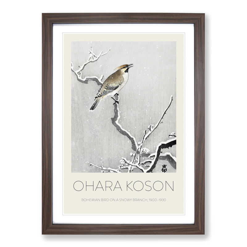 Bohemian Bird on a Snowy Branch by Ohara Koson - Picture Frame Art Prints, 36cm H x 27cm W x 2cm D, Walnut