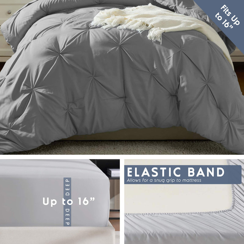 Bed-in-a-Bag Pinch Pleat Comforter Set with Bed Sheets & Down Alternative Pillows, Gray, Twin Comforter + 6 Additional Pieces