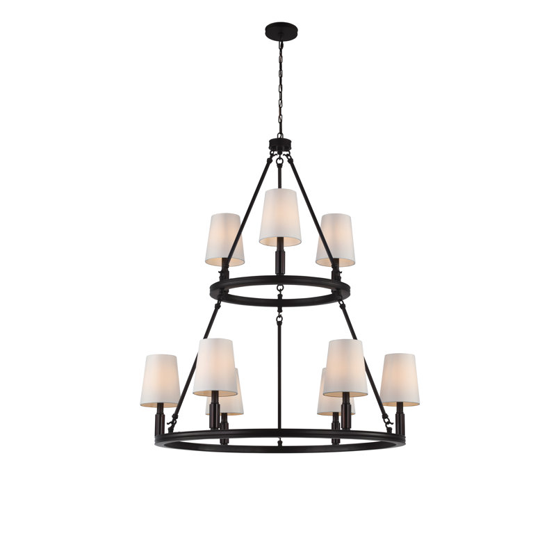 Lustre 9 lumières à abat-jour Airon, Nickel poli avec abat-jour blancs