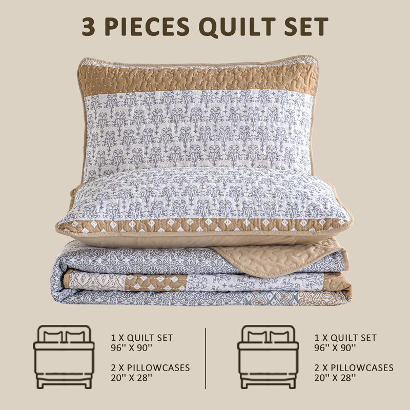 3-Piece Bohemian Stripe Quilt Set Lightweight Microfiber All Season, Queen Quilt + 2 Queen Pillowcases, Brown