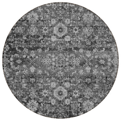 8' Gray Charcoal And Silver Round Oriental Washable Indoor Outdoor Area Rug
