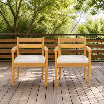 Ensemble de fauteuils de salle à manger d'extérieur robustes avec coussins moelleux, siège de patio en bois massif résistant aux intempéries, dossier à lattes profilé, sièges d'extérieur 2 pièces avec structure durable