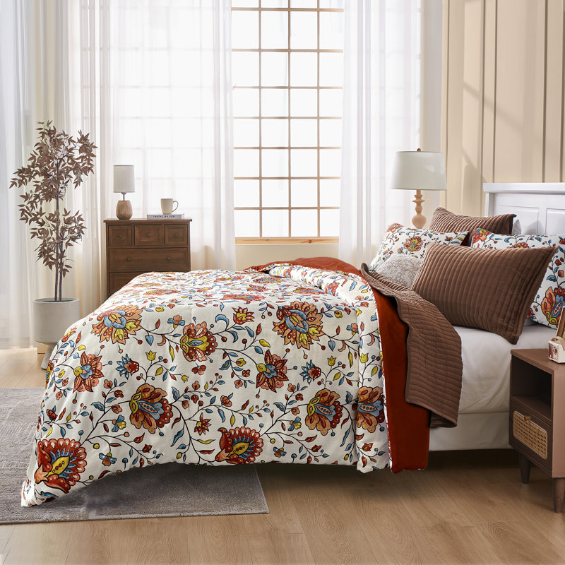Wonderful Floral Comforter Set Linen-Like Fabric With Slub Texture, Queen Comforter + 2 Standard Shams, Burnt Orange